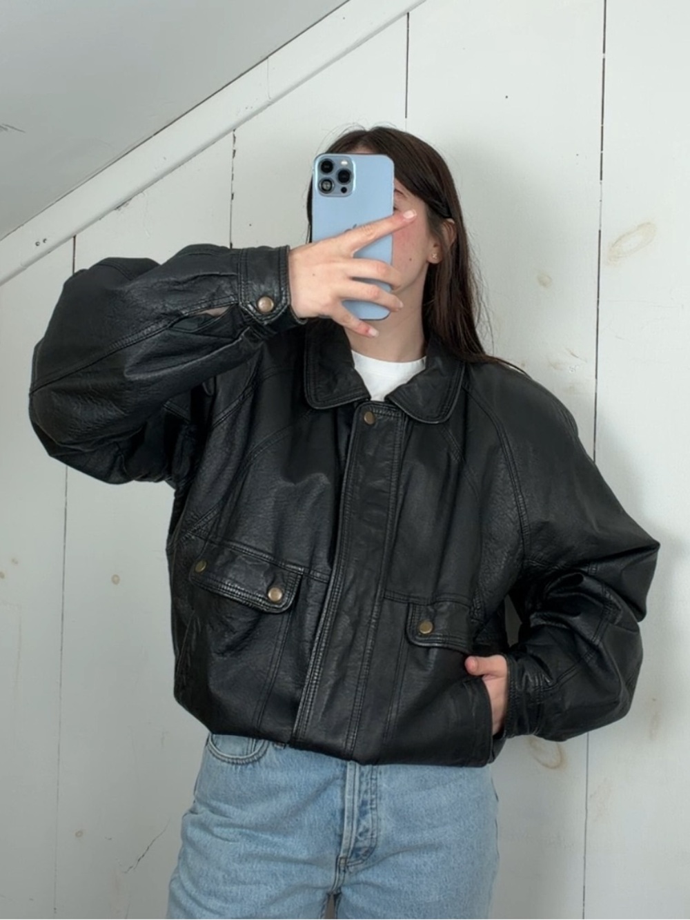 Vintage Global Identity G-III Black Genuine Leather Bomber Jacket Mens Large 90s
